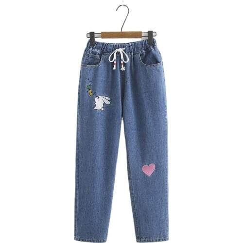 Women Jeans Cartoon Embroidery Pockets Straight Denim Pants 2020 Autumn Elastic Waist Casual Jeans Female Basic Denim Pants