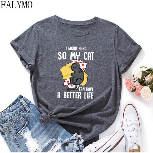 Women 100% Cotton T-Shirts Short Sleeve Funny Cat Print Tee Tops Graphic Tee Shirts Woman Summer Autumn Clothes Animal Shirt