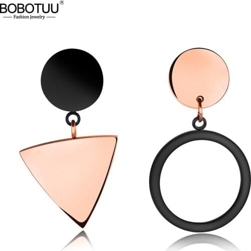 BOBOTUU Geometric Triangular Round Earrings Stainless Steel Round Cake Asymmetric Earrings Jewelry For Women Brincos BE17089