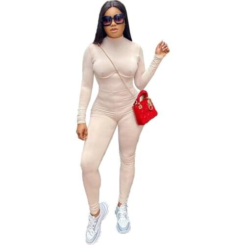 Casual Turtleneck Fitness Body Rompers Womens Jumpsuit Sexy Long Sleeve Pencil Pants Bodycon Pink Black Jumpsuit Women Clothes