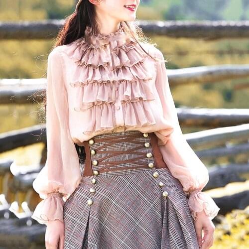 New Two Piece Set Women Spring Autumn High Quality Brand Ruffles Full Sleeve Blouse Tops And Lace Up Tweed Long Skirt Sets SL202