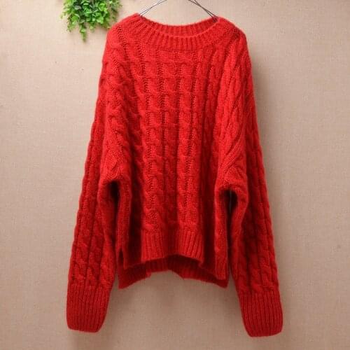 Ladies women fashion thick needles mohair knitted braids crochet loose long batwing sleeves pullover outwear sweater jumper tops