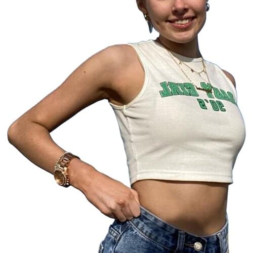 Women’s Causal Round Neck Vest Personality Letter Printing Exposed Navel Sleeveless Tops