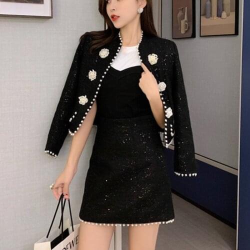 Woolen Jacket Coat + Mini Skirt Set Two Piece Outfits New Autumn Winter Black Tweed Two Piece Set Women Beading Pearls Short