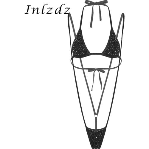 Womens Erotic Bikini Lingerie Suit Glitter Rhinestone Lace-up Swimwear Sunbathing Halter Neck Bra with G-string Sexy Bikini Set