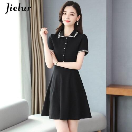 Jielur Black Women Dress High Waist Slim Chic Short Sleeve Elegant Vestidos Loose A-line Solid Color Summer Dress Mini Dresses
