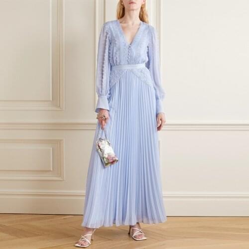 Vestido Longo Real Full Plus Size Vestido De Festa Womens Dress 2021 New Ladies' Temperament V-neck Lace Chiffon Pleated Long