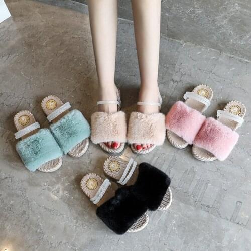 Winter Home Shoes Women House Slippers Warm Faux Fur Ladies Cross Soft Plush Furry Female Open Toe Slides Fashion Shoes W21-04