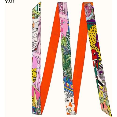 200cm "City of Animals" Brand Long Women Scarf Fashion Female Belt Skinny Head Scarves For Ladies Silk Scarf Tie Bag Ribbons