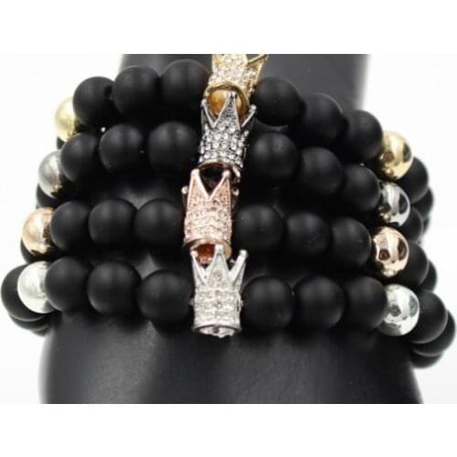 8mm yf32423 gold silver micro pave cz zircon cubic zirconia Bracelet adjusted nature stone bead Crown Frosted agate Onyx Bangles