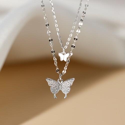 Big Small Two Flash Drilling Butterfly Cubic Zirconia Clavicle Double Layer Chain Necklace Choker for Lady Women Korean Jewelry