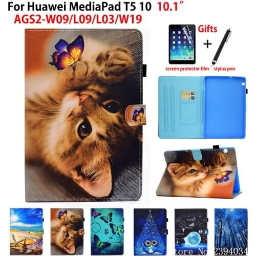 Funda For Huawei MediaPad T5 10 Case AGS2-L09 AGS2-W09 AGS2-L03 AGS2-W19 10.1" Cover Cute printing protective Stand Shell +Gift