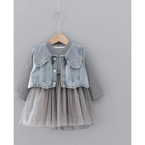 Childrens Baby Girls Denim Vest+Long Sleeved Dress Autumn Winter Toddler Girls Clothing Kids Dresses For Girls Princess Dresses