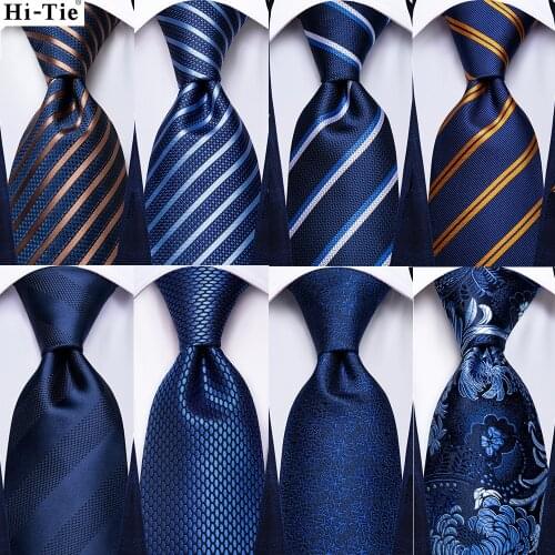 Hi-Tie Silk Men Wedding Tie Navy Blue Striped Solid Gift Necktie For Men Quality Hanky Cufflink Set Business Party FashionDesign