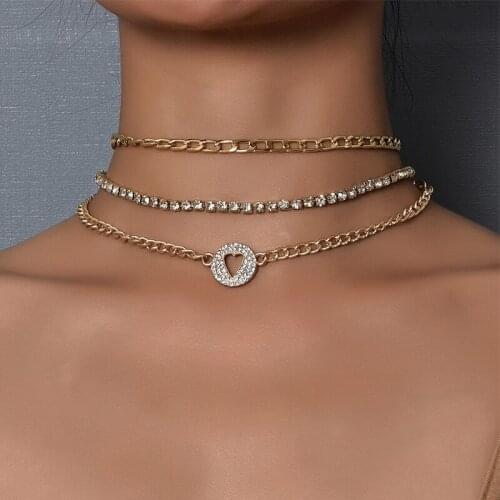 3 Pcs/Set Fashion Necklaces Set Women Classic Crystal Peach Heart Beaded Golden Chain Multilayer Necklace Ladies Summer Jewelry