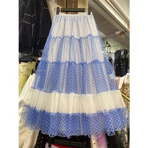 Summer Dot Mesh Skirt for Women High Waist Slim Fit Pleated Large Swing Skirts Girls Ladies Jupe Longue Femme