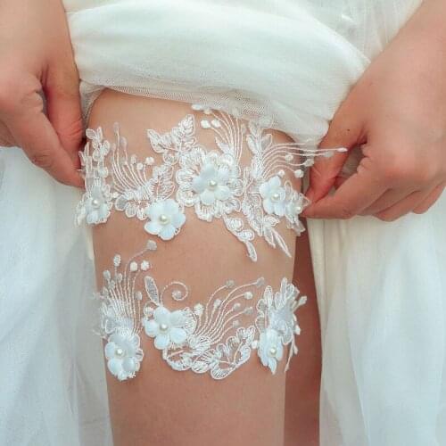 Wedding Garter Ladies Sexy Lace Flower Crystal Rhinestones Pearls Belt Bridal Thigh Leg Garter Ring for Women Polyester