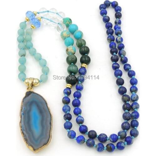 Blue Agat e Slice Pendants Necklaces Amazonite Moss Agat e Lapis Imperial Jaspe r Clear Quartz Round Beads Knot Handmade