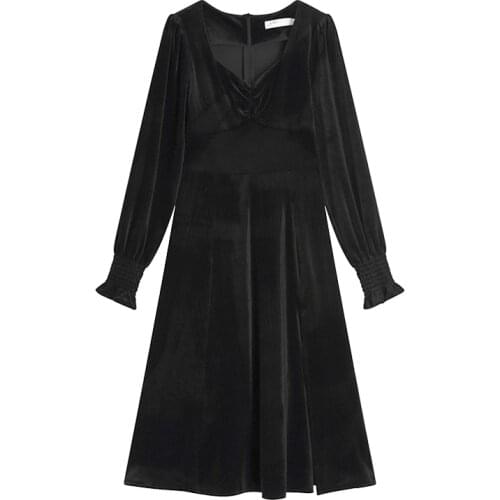 PERHAPS U Woman Elegant Black Velvet V Neck Long Sleeve Knee Length Dress A-line Solid Chic Vintage D2044