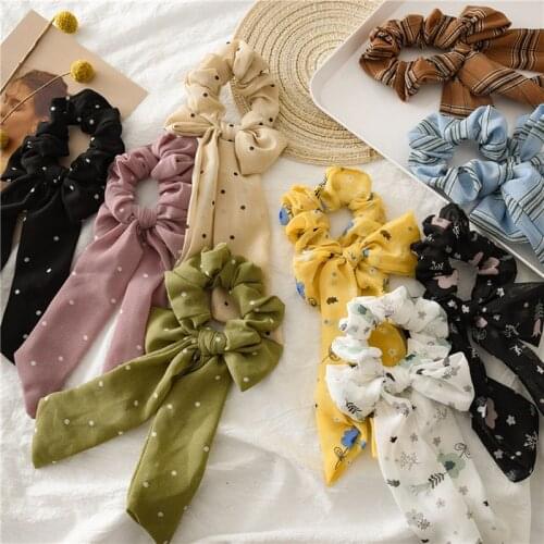 Women Fashion Scrunchie Elastic Handmade Dot Hair Band Ponytail Holder Headband Hair Accessories 1PC Satin Silk Solid Color