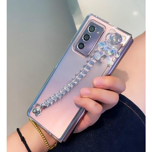 Luxury Fashion DIY Laser Bear Crystal Hand Chain Bracelet Case Cover For Samsung Galaxy Z FOLD 3 2 5G Transparent Back Case