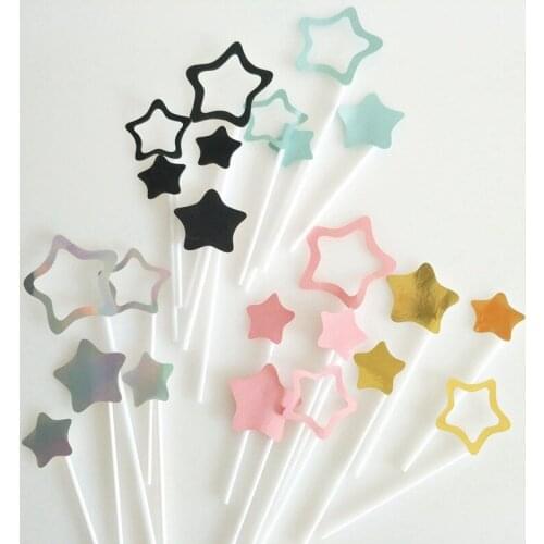 Cake Topper Color Hollow Five-pointed Star Sparkling Twin Star Macaron Color Cake Dessert Table Plugin Party Cake Decor Supplies