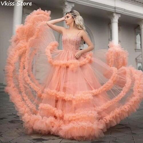 Vkiss Prom Dress For Women Photography Shoot Tiered Elegant Tulle Spaghetti Strap V-neck Beads Evening Dress graduation robes