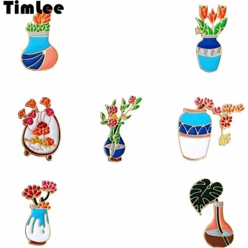 Timlee X343 Free shipping Cute Botany Bonsai Pot Pins Leaf Rose Flower Brooch Pins,Fashion Jewelry Wholesale