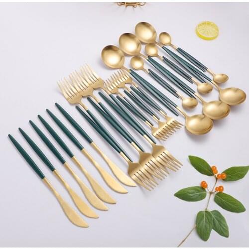 Green Gold Cutlery Knives Dessert Fork Tea Spoon Flatware Dinnerware Set Stainless Steel Dinner Silverware Kitchen Tableware Set
