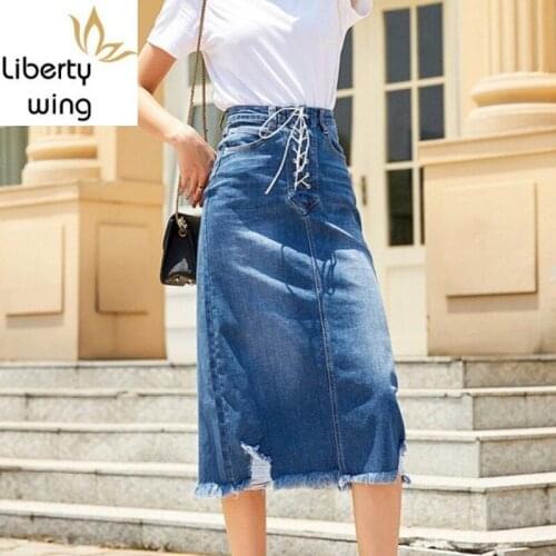 Streetwear Tassel Denim Long Women Fashion Blue Lace-Up Frayed Summer New High Waist Wrap Jean Skirt Female XS-XL