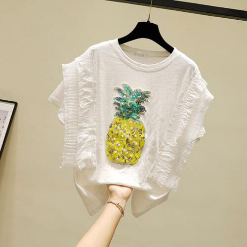 Cotton Linen 100% Beaded Women T-Shirts Sweet Style Flare Sleeved Ruffles 2021 New Design Female Pulls Tops Tees