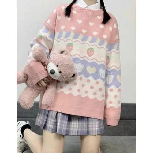 Sweaters Womens Jumper O-neck Pullover Kawaii Long Sleeve Loose Knitted Pullover 2020 Winter Female Cartoon Cows Embroidery Top