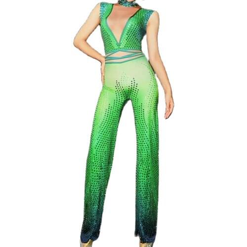Green Sparkly Diamond Backless Sleeveless Women Jumpsuit Nightclub Singer Performance Stage Wear Evening Prom Jazz Dance Costume