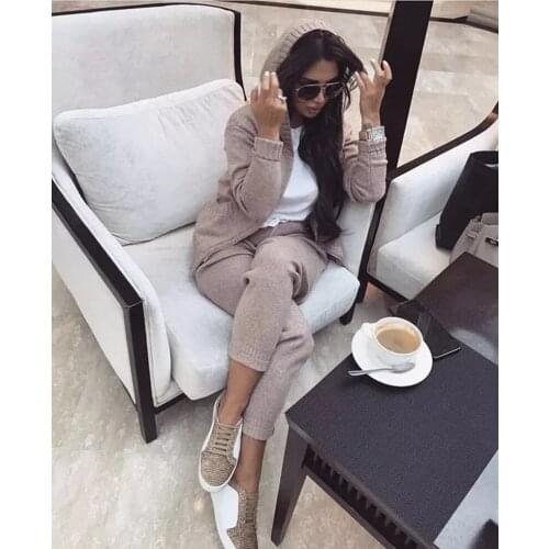 2020 Drawstring New Rushed Winter Hooded Mink Velvet Knitted Suit Zipper Cardigan Sweater + Trousers Casual Two Sets Of Women