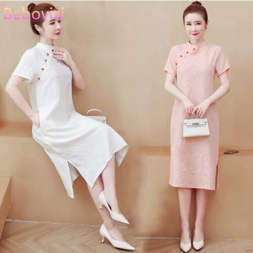 2021 M-XXL White Pink Green Cotton Fashion Modern Trend Cheongsam Dress for Women Short Sleeve Qipao Traditional Chinese Clothes