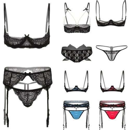 Womens Lace Sexy Lingerie Set Adjustable Straps Open Cups Underwired Bra Tops with Garter Belt and G-String Erotic Underwear