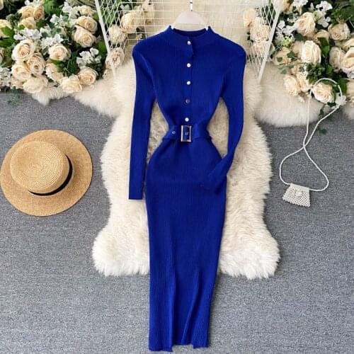 Autumn and winter ladies style temperament small stand-up collar buttoned slim fit long-sleeved knitted dress women