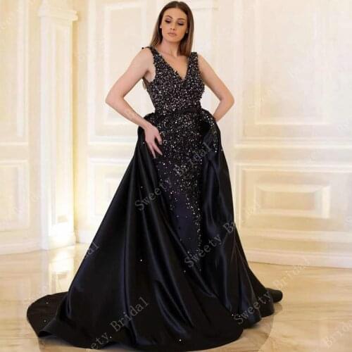 Black Sparkling Sequined Muslim Mermaid Evening Dresses 2021 V Neck Saudi Arabia Dubai Formal Party Prom Gowns Robe De Soiree