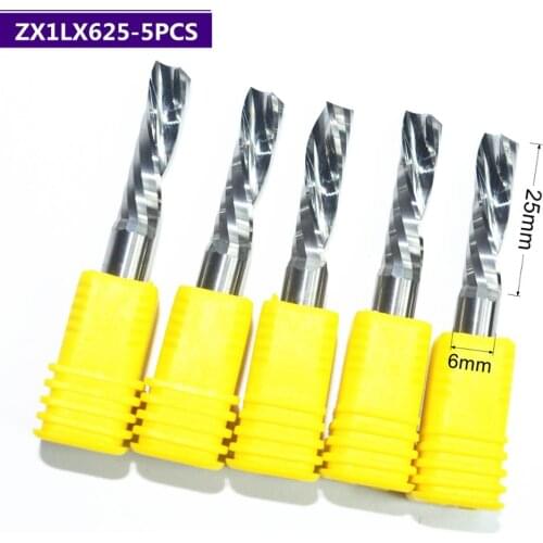 5 PCS-6*25mm One Single Flute Down Cutter,Left Helical Carbide Milling Tool Bit for Cutting Grooving Wood, Plastic Board PVC
