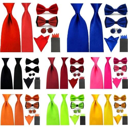 7 PCS Mens Solid Satin Skinny Wide Necktie Ties Bowtie Pocket Square Cufflinks Set BWSET0303