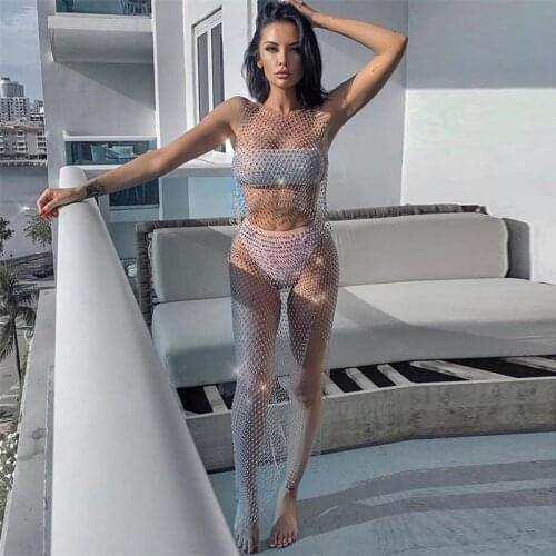 Shiny Rhinestones See Through Women Two 2 Piece Set O Neck Sleeveless Crop Tops Grid Side Slit Skirt Summer Beach 2 pcs Outfits