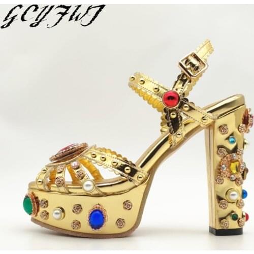 Women Sandals Mirror Leather Rhinestone Waterproof Platform Thick Heel Baroque Fish Mouth Girl Shoes Buckle Strap Buty Damskie