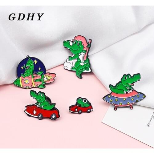 GDHY Frog Crocodile Aliens Enamel Pins Green Animal Driver Red car UFO Flying saucer Rocket Brooches Jewelry for Kids Wholesale