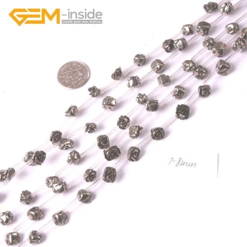 7-8mm, 16mm Natural Gray Pyrite Gem stone Carved Flower Beads For Jewelry Making Strand 15 Inches Bulk Gem-inside DIY