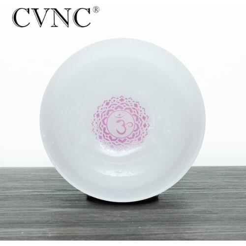 CVNC 8" Chakra Design Pattern Energy Note B Crown Frosted Quartz Crystal Singing Bowl for Meditations