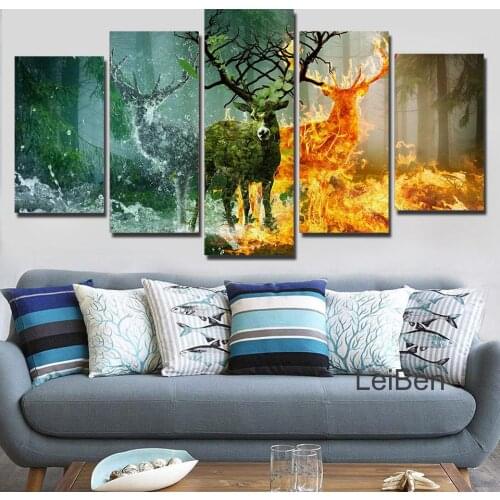 Five Piece Art Poster Abstract Animal Deer Canvas Painting Natural Forest Modular Picture Interior Design Living Room Decoration