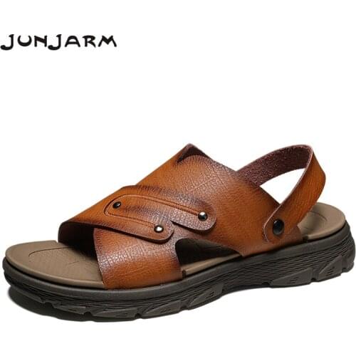 JUNJARM Breathable Men Sandals Split Leather Summer Outdoor Man Causal Shoes Flip Flop Lightweight Comfortable Plus Size 38-46
