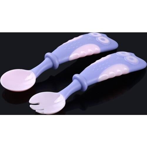 2PCS Baby Silicone Spoon & Fork Set Smooth Edge Angle of Bend Convenient for Toddlers Infants Kids Learn to Safe Feeding Plastic