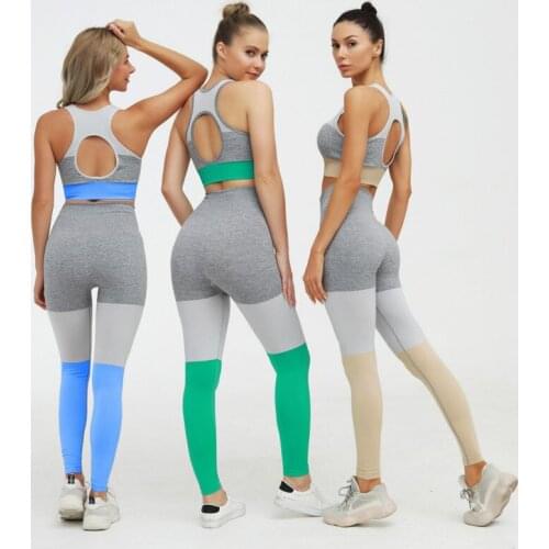 High Elasticity Seamless 2 Pcs Women Sport 3 Colors Stitching Yoga Set Sports Bra High Waist Legging Gym Sleeveless Sportwear