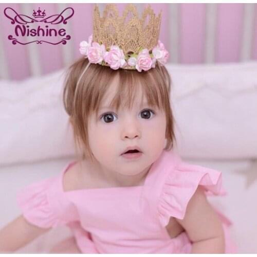 Nishine Rose Flower Lace Crown Headband Birthday Gift Elastic Tiara Newborn Headband Girls Party Headwear Hair Bands Accessories